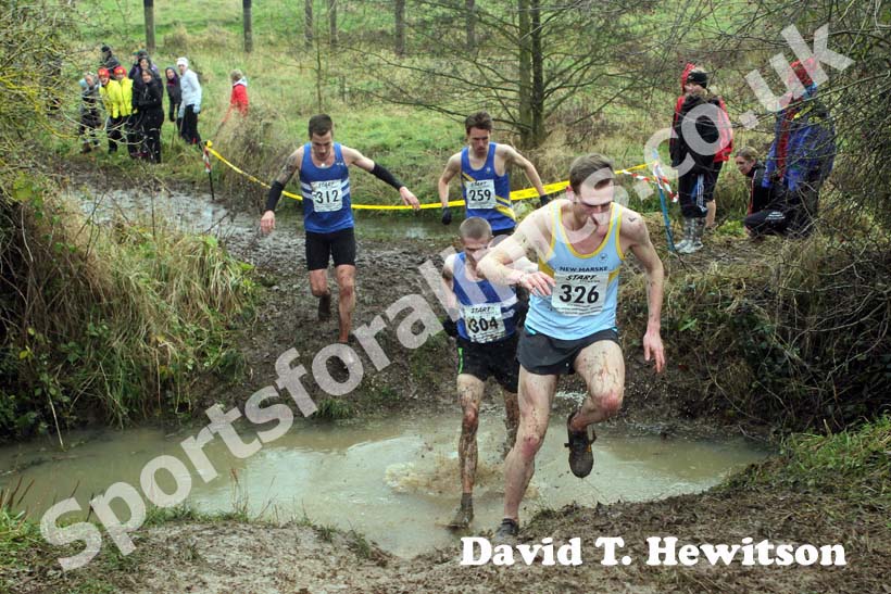 Andrew Wiles (New Marske) leads from 304 Peter Newton, Lewis Timmins (both Morpeth) and 259 Carl Smith through the water during the 2012 North East Championships, Summerhill Country Park, Hartlepool.